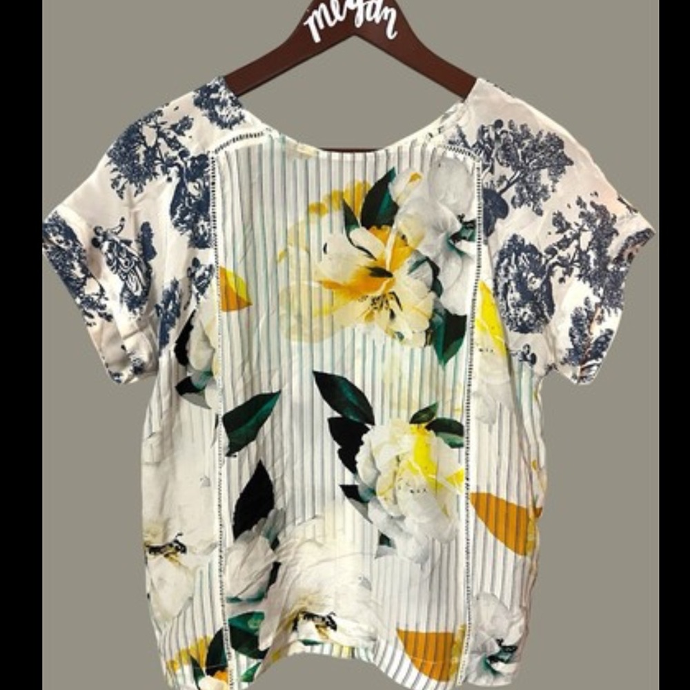 Anthropologie Maeve Silk Pinstripe Floral Toile Short Sleeve Top Size 8